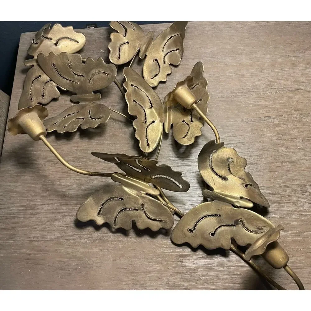 Vintage MCM Brass Butterfly Wall Candle Sconce 3 Taper Holders Hollywood Regency